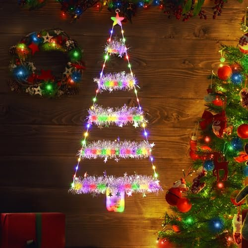 Geemoo Éclairage de Noël LED 81 cm, Arbre Lumineux à Batterie, Guirlande d'Extérieur Avec Tinsel, Minuteur, 8 Modes, Décoration Pour Cadeau, Fenêtres, Portes, Intérieur Multicolore