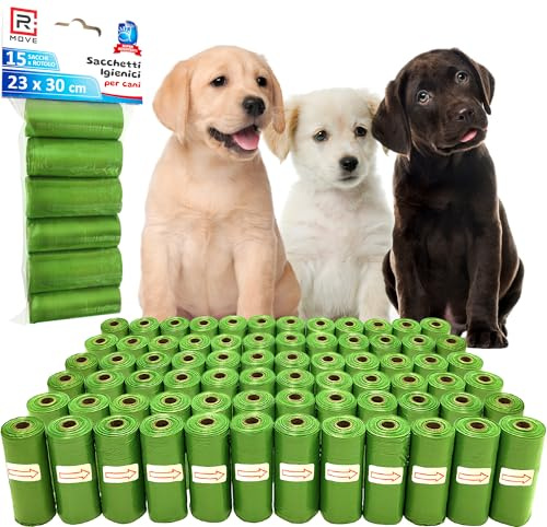 R MOVE sacchetti cane cacca 1080 pz (72 Rotoli) sacchettini igienici per cani, bustine resistenti antiforatura, 30x23 cm 2,5 Litri compatibili con tutti i porta rotoli