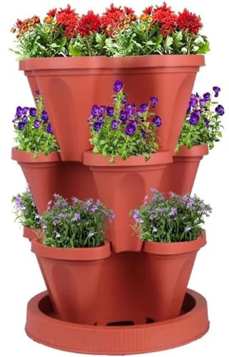 Juego de macetas verticales apilables de 3 niveles para interiores y exteriores, riego automático de arriba a abajo para fresas, hierbas, pimientos, flores y plantas