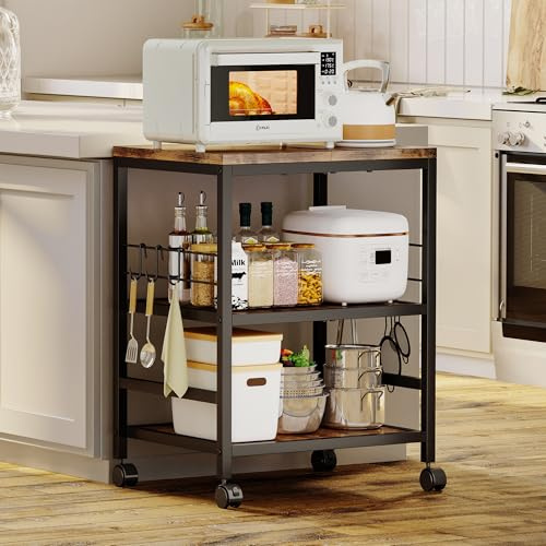 Homeiju 3-Tier Wooden Microwave Cart with Storage, 22.4''W Microwave Stand Coffee Cart Rolling Kitchen Utility Cart with Wheels, 5 Hooks, Rustic Brown and Black