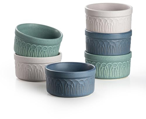 DAFUCERAMIC Ramekins 8 Oz Oven Safe, Ceramic Creme Brulee Souffle Dishes, Pudding Custard Cups Ramekin For Baking, Small Dipping Sauce Bowls, Set of 6, Microwave and Dishwasher Safe (Assorted Neutrals)
