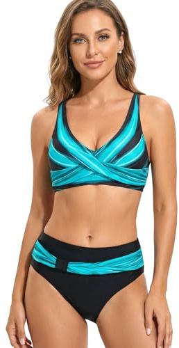 JSTHHTT Traje de Baño para Mujer Cuello en V Dos Piezas Conjunto Bañador Control de Vientre de Cintura Alta Bikini Mujer Push up Cuello en V Bikini Sexy Cintura para la Playa Verano