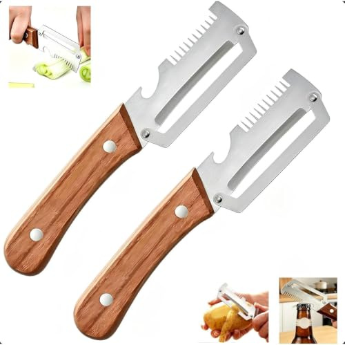Eplucheur Multifonction 3-en-1,Eplucheur Légumes avec Manche en Bois Massif, Outil Cuisine à Double Usage pour Fruits et Légumes