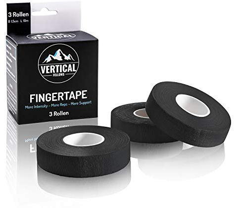 Vertical Fellows® Klettertape 1,5cm breit - DERMATEST sehr gut - mit PDF Tapeanleitung, ideales Fingertape und Sporttape für Klettern Bouldern Kraftsport Handball Kampfsport (3 Rollen schwarz)