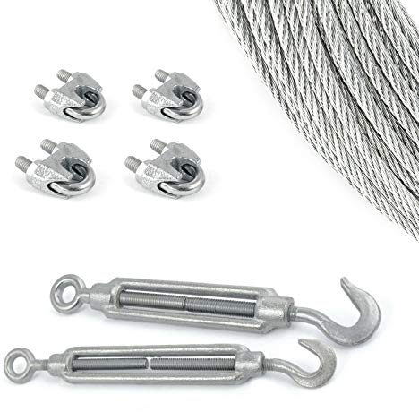 DQ-PP Stahlseil SET 9 | 8mm 6x19 weich | 20 Meter | Stahl verzinkt | 2x Spannschloss Haken-Öse M5 | 4x Seilklemmen Bügel 8mm | Drahtseil für Rankhilfe Seil Draht Forstseil