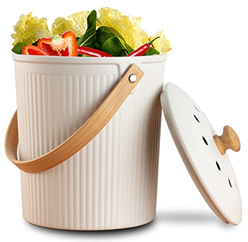 LALASTAR Countertop Compost Bin with Lid, Made of Sustainable Bamboo Fiber, Odorless Kitchen Compost Bucket, 1 Gallon, Cream