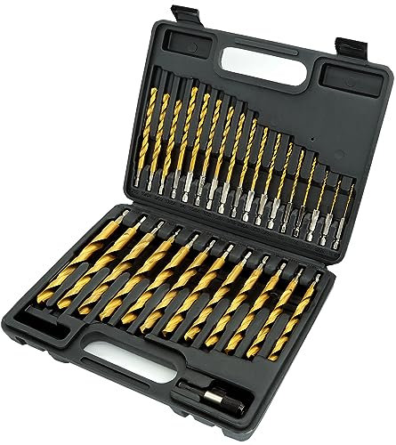 GMTOOLS 30 Pcs Titanium Impact Drill Bit Set, Hex Shank HSS Twist Drill Bits with Storage Case for Steel, Copper, Aluminum, Zinc Alloy, Wood and Plastics, Quick Change Design, 1/16-1/2
