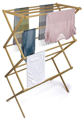 BROOKSTONE, Eco-Friendly Bamboo Drying Rack, Collapsible Laundry Clothes Hanger, 10 Hanging Bars, Minimalist Space Saving Design