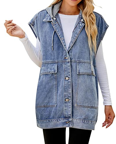 Jean Gilet Veste à Capuche Femmes Unie sans Manche Denim Vintage Col V Évasé Boutonnée Court Manteau Poches