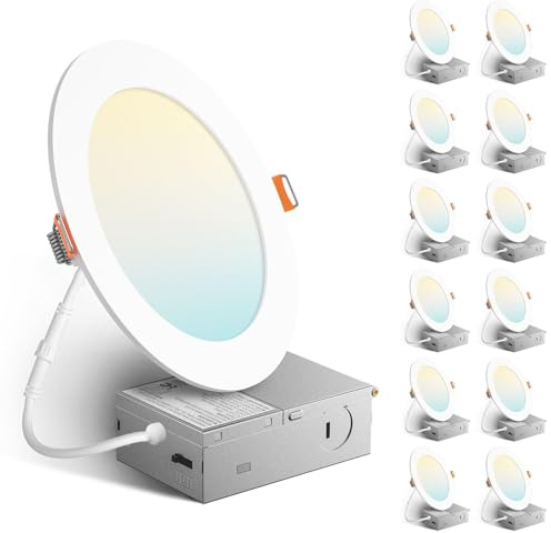 Amico 12 Pack 6 Inch 5CCT Ultra-Thin LED Recessed Ceiling Light with J-Box, 2700K/3000K/3500K/4000K/5000K Selectable, 12W=110W, Dimmable Canless Downlight, 1050LM High Brightness, ETL&FCC