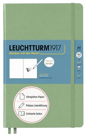 LEUCHTTURM1917 Skizzenbuch Medium (A5), Hardcover, blanko, Salbei | 150 g/m² Zeichenkarton, 112 Seiten, Fadenheftung, säurefreies Papier, für Bleistift, Marker, Kohle und Pastell