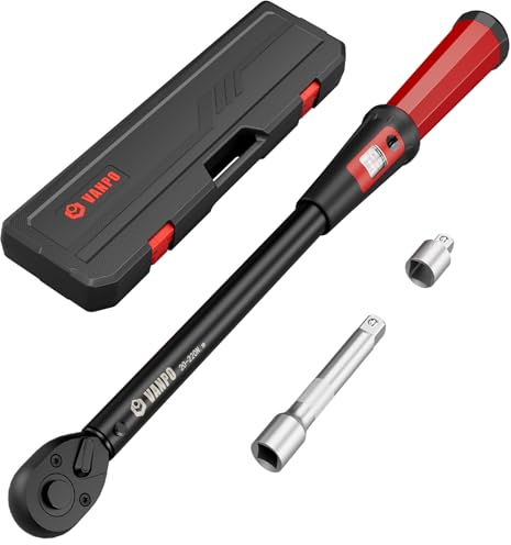 VANPO Llave Dinamométrica 1/2, 20-220NM, 72T Llave Dinamométrica con Ventana de Visualización, con Barra de Extensión de 125cm, 1/2-3/8 Adaptador para Moto Coche y Camión
