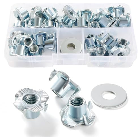 Lyeteung 30 Pièces M8 × 11mm Écrous en T à Dents, Ecrous en T 4 Griffes, T-Nuts Inserts Filetés, avec 5 Pièces Rondelles, pour Bois, Armoire, Meubles