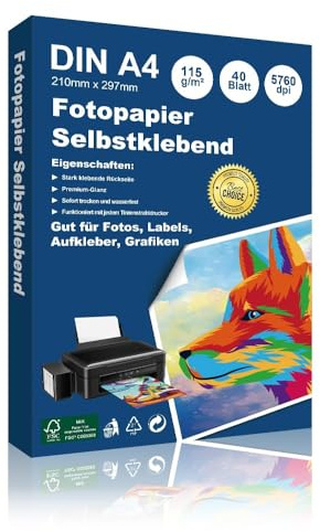 Hepta Print A4 Inkjet Fotopapier Glänzend Selbstklebend 40 Blatt Sticker Papier für Fotos,Etiketten, Aufkleber Wasserfest für Tintenstrahldrucker InkJet Fotoqualität Druck