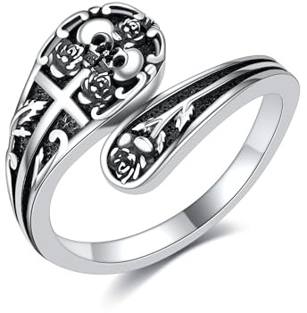 DAYLINLOVE Skull Rings 925 Sterling Silver Skeleton Spoon Ring Adjustable Skull Cross Ring with Rose Vintage Gothic Jewelry for Women Halloween Gifts