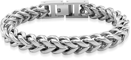 Mens Stainless Steel Franco Chain Bracelet 8MM Link Bracelets, Fold Over Clasp, Great Gift for Dad, Husband, 8.3