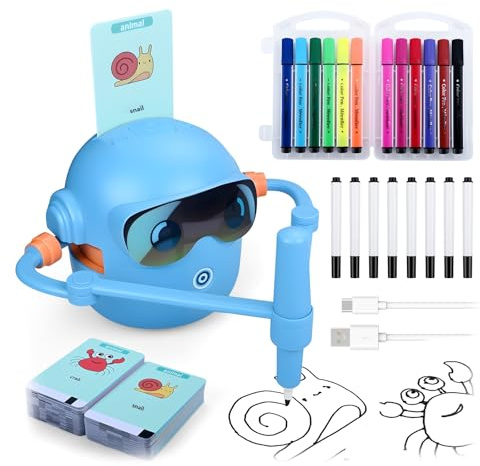 MMOBIEL Robot da Disegno per Bambini Giocattolo Educativo Interattivo con 100 Carte, 12 Pennarelli Colorati, Guida Vocale e Batteria Ricaricabile USB-C – Regalo Creativo per Età 3-9 – Blu