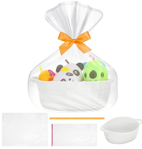 Geschenkkorb Leer - Baumwollseil Gewebt Geschenk Korb mit Geschenktüten und Bändern - Präsentkorb Leer für Babyparty, Hochzeit, Weihnachten (Weiß)