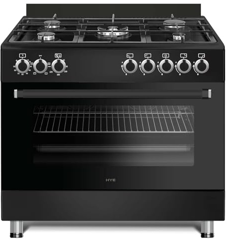 HYE Freestanding Range Gas Cooker 90cm with Large Single Electric Oven, 5 Gas Burners, Timer, Child Lock, Accessories, Digital Controls, Adjustable Alarm & Modern Black Finish – C01FS90G17