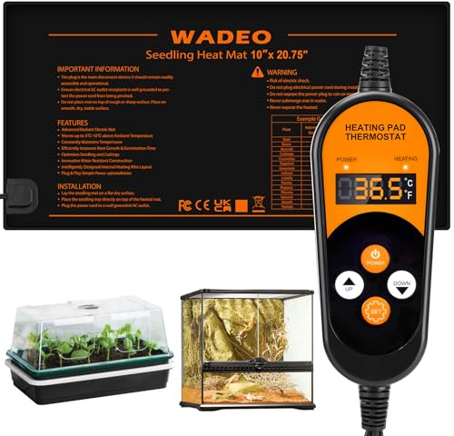 WADEO Tapis Chauffant Intelligent pour Semis et Serre - 53x25cm 50W - Thermostat Réglable avec Mémoire de Marche - Redémarrage Automatique - Chauffage Constant pour Plantes, Germination, Reptiles