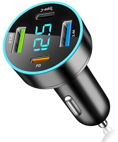4-Port USB C Auto Ladegerät Zigarettenanzünder Adapter 66W Zigarettenanzünder USB mit PD 30W & QC Schnellladung, Adapter Zigarettenanzünder Steckdose mit LED Spannungsanzeige für Autofahrer im PKW