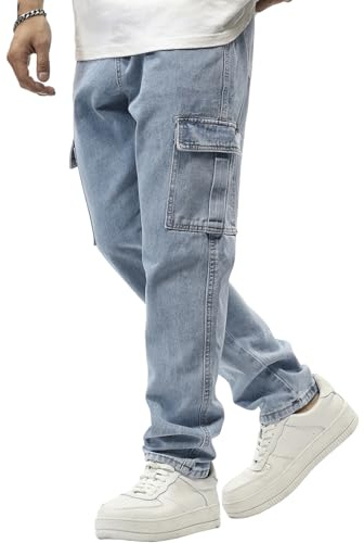 JMIERR Men's Cargo Jeans Elastic Waist Denim Pants Multi Pockets Trousers Relaxed Fit for Outdoor Activities, 32, Sky Blue
