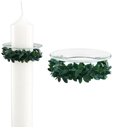Villa Rosa Lotta handgemachter Tropfenfänger Für Kerzen 4cm - Dekorativer Glasaufsatz Für Kommunionkerze, Transparent & Stabil, Künstlicher Blätterkranz, Tropfenfänger Für Kerzen mit 4cm Durchmesser