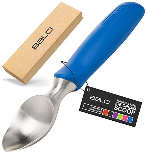 Professional Stainless Steel Ice Cream Scoop by BALCI - No-Thaw Hard Ice Cream Scoop - Dishwasher Safe - Non-Slip Rubber Grip Ice Cream Scooper Spade - Blue | Heavy duty 18/8 Stainless icecream scooper with non-slip rubber grip. Professional metal ice cream spade, dishwasher safe.