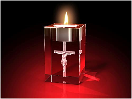 GLASFOTO.COM, Christus am Kreuz – Teelichthalter 50 x 80 x 50 mm, Kristallglas 3D Innengravur in Premiumqualität