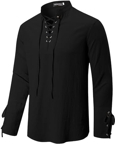 YAOBAOLE Camicia medievale da uomo in lino a maniche lunghe con lacci e colletto alla coreana, stile vintage pirata per LARP, festival e uso quotidiano, Nero , XL