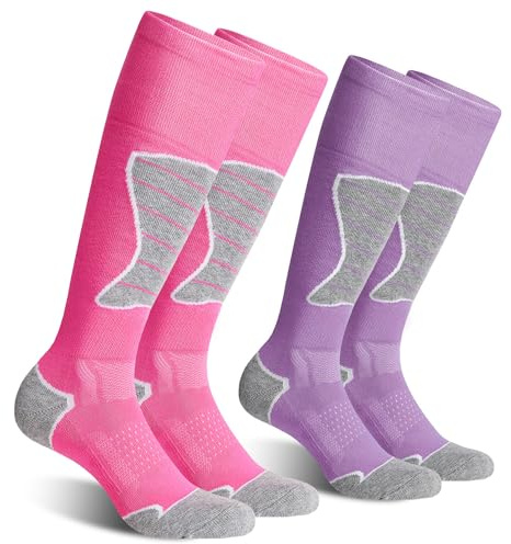 CS CELERSPORT Women's Merino Wool Ski Socks, 2 Pack Thermal Warm Winter Thick Knee High Snowboarding Skiing Socks, Rose + Purple, Medium