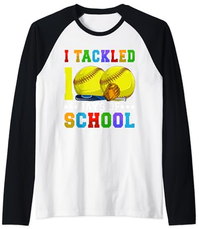 I Tackled 100 Days Of School Softball Balls Bat & Helmet Boy Raglan Baseball Tee