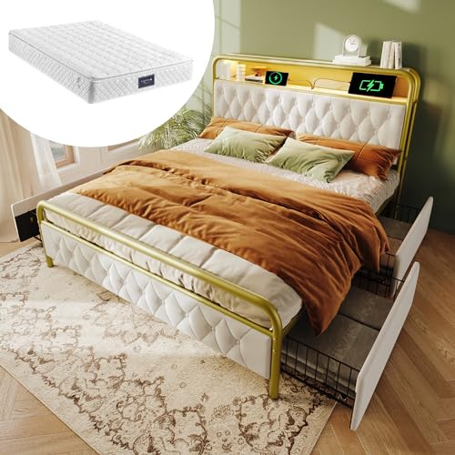 Kayan Polsterbett 140x200 mit LED und USB, Doppelbett mit 4 Stauraum Schubladen, Polster Kopfteil mit Regal, Stauraumbett Metallbett Jugendbett Bettgestell, Samtstoff (Weiß, Mit Matratze, 140×200 cm)