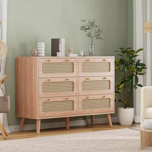 BursDany Commode à 6 Tiroirs, Meuble de Rangement Cannage en Rotin, Chiffonnier Bois Buffet pour Chambre, Salon, Bureau, 100 x 34 x 73 cm