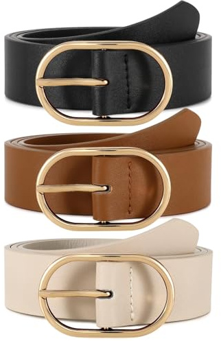 WERFORU Lot de 3 Ceintures en Cuir pour Femmes Ceinture Femme à la Mode avec Boucle Dorée pour Jeans, Pantalons et Robe,Noir/Marron/Café