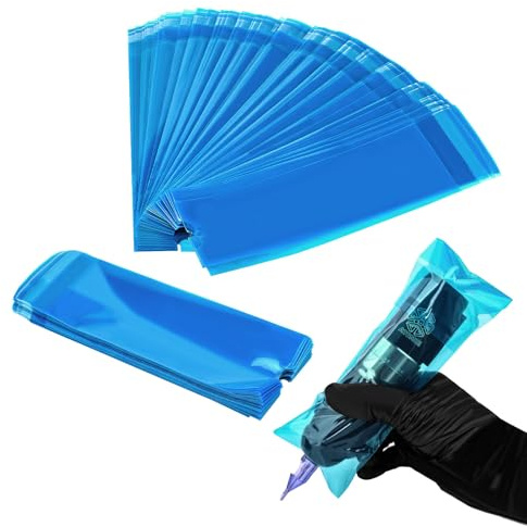ATOMUS 200pcs Blå tatueringspenna ärm med tätning 2,52 * 8,6 tum Engångs penna-typ tatueringsmaskin väska självhäftande självförseglande trådlös tatueringsmaskin Pen Cover