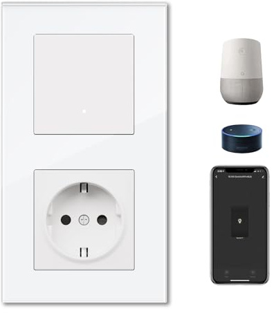 BSEEDLIFE Steckdose mit Smart Wifi Lichtschalter, Intelligente Schalter Unterputz Kompatibel mit Alexa und Google Home, Taste Schalter 1 Fach 1 Weg, Smart Home Lichtschalter Weiß（86 * 157mm）