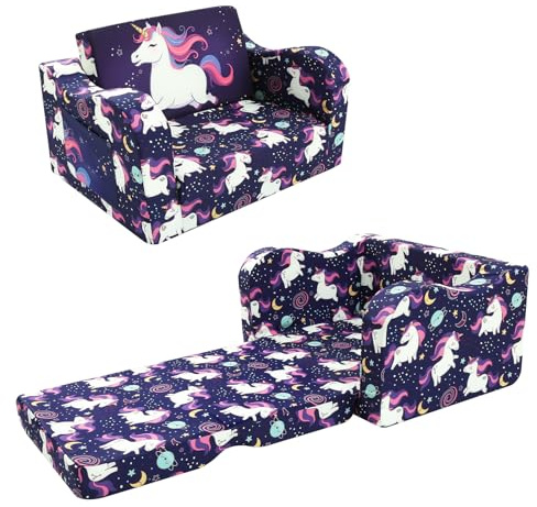 MeMoreCool Kindercouch Kindersofa Ausklappbar, 3-in-1-Kinder Sofa mit Schlaffunktion, Fancy Spielsofa, einen aufregenden Indoor-Spielplatz für das Kinderzimmer, Einhorn