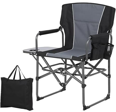 GarveeLife Oversized Directors Camping Chair, Portable Folding Chair for Adults Support 400 lbs, Heavy Duty Lawn Chair with Side Table, for Camping, Sports, Picnic, Beach, Fishing (1 PCS, Black)