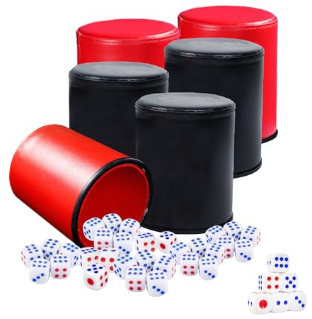 HUSHAX Juego Completo De 36 Dados con 6 Cubiletes,Taza De Dados De Cuero,Juego Dados Póker,3 Negros y 3 Rojos,para Ocio y Entretenimiento para Adultos,para Juegos Familiares, Viajes, Fiestas, Etc