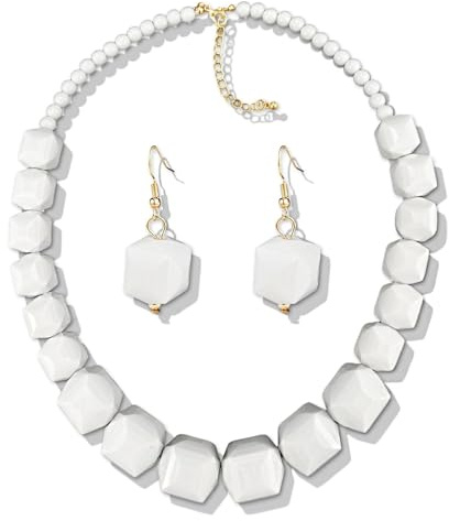 Kajfjad African Inspired Necklace, White Beaded Chunky Statement Jewelry with Acrylic Design for Bold Costume Accessories, Special Occasion and Gift for Women