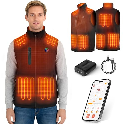 Smart Heated Gilet with App Control, Heated Vest for Men Women | 8-Zone Body Warmer for Winter Hiking Ski & Commuting | 20,000mAh Battery, 3 Heat Levels, Water& Wind Resistant, Machine Washable, Black