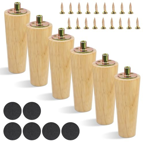 TOKSEO 6 Patas de Madera para Muebles de 12 cm, cónicas, Patas de Madera para Armario, Patas de sofá con Placa de Montaje, Almohadillas de Goma, Patas de Madera para Muebles, armarios, sillas, mesas