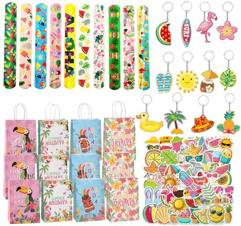 Puhzamey Set di 86 Pezzi per Festa in Piscina Estiva, Regalini per Compleanno dei Bambini, Set di Decorazioni per Festa Hawaiana con 12 Sacchetti Regalo, 12 Braccialetti, 12 Portachiavi, 50 Adesivi