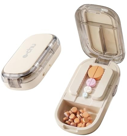 Taglia Pillole, Tagliapillole Precisione in 2 e 4, Dividi Pastiglie, Taglia Pillole di Precisione, con Vano Portaoggetti, Taglio Facile Adatto Quotidiano Viaggio(Beige)