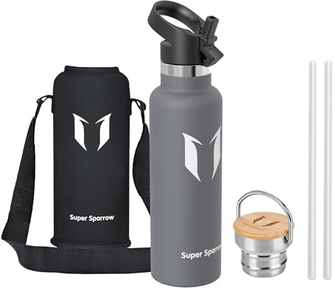 Super Sparrow Stainless Steel Water Bottle -620ml- Vacuum Insulated Metal Water Bottle - Standard Mouth Flask - BPA Free - Ideal Straw Water Bottle for Work, Gym, Travel, Sports