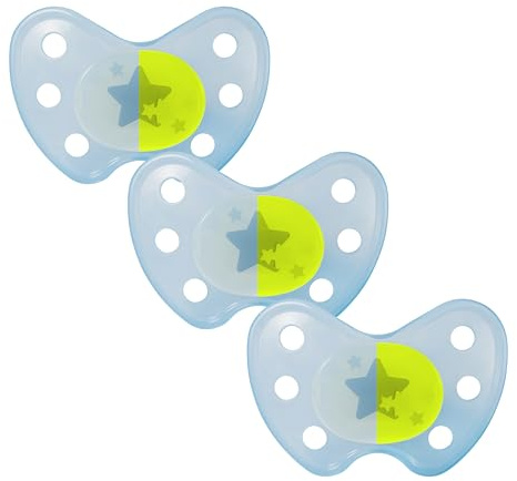 dentistar Night Latex Schnuller 3er-Set – Größe 3, ab 14 Monate – Zahn- & kieferfreundlicher Leuchtschnuller für die Nacht – Blau mit Stern-Motiv, leuchtet im Dunkeln – Made in Germany
