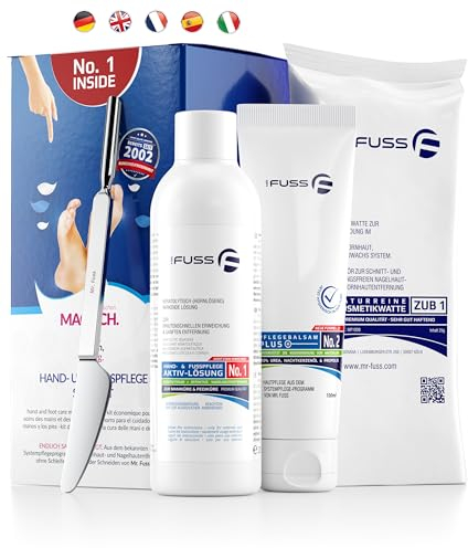Mr. Fuss® No. 1 - Advanced Pack Multi - Klein, Nagelhaut- Hornhautentferner Sparpaket 4 tlg. Aktiv-Lösung Schnell & Stark erweichend - 200 ml, Balsam No. 2-100 ml, Watte, Multitool