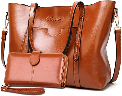 BestoU Bolsos de Mujer Bolso Bandolera Tote Grande De Hombro Bolsos PU Cuero Bolsos Billetera 2pcs Set (Marrón)
