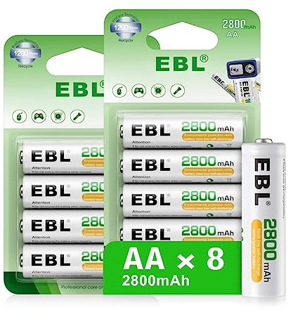 EBL 1.2V Batterie Ricaricabili AA Alta Capacità, Pile Ricaricabili 2800mAh Ni-MH con 1200 Tech, Confezione da 8 pezzi
